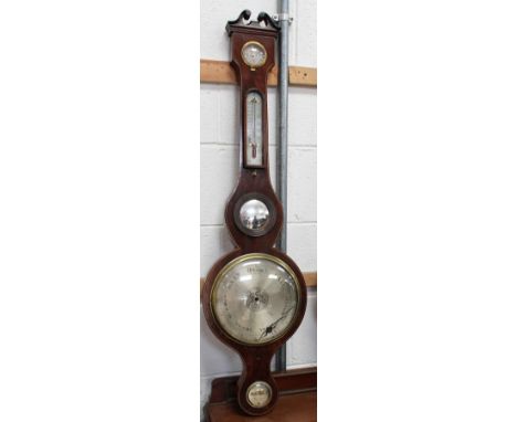 A 19th century mahogany banjo barometer and thermometer by Underhill of Newport, with central convex mirror and lower spirit 