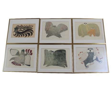 Pitaloosie Saila (b1942); a set of six stone cut lithographs and stencil, a stone cut 'The Artic Owl- Le Hibou de l'Artique, 