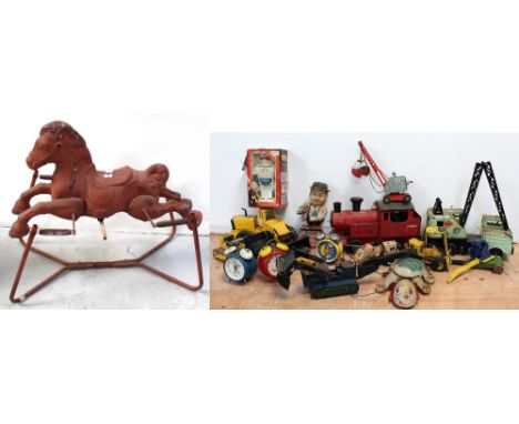 A quantity of Tonka model industrial vehicles including cranes, a Tri-ang model loco and other mixed toys including Charley W