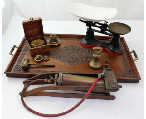 A collectors' lot to include a mahogany butlers' tray with central carved diamond panel within a carved border, with brass ha