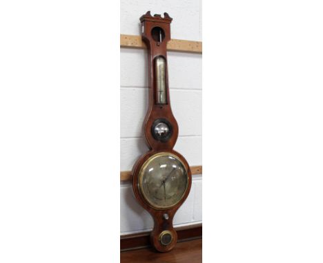 A 19th century mahogany banjo barometer by Donegan of Newcastle, missing the top dial but with thermometer, convex mirror and