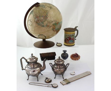 A collectors' lot to include a French plated heavy gauge teapot and sucrier, a mid-20th century globe by 'Replogle' from the 