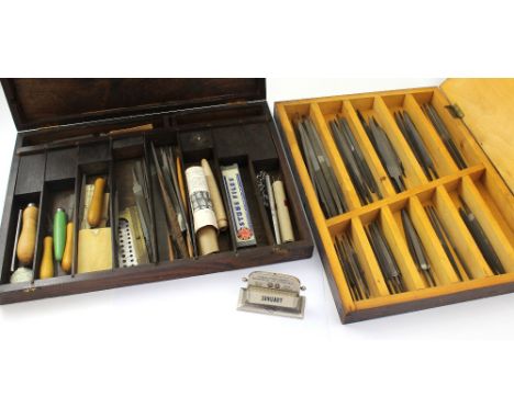 Two mahogany-cased sets of sample tools as used by travelling salesmen c1920s-30s, mainly files including needle files, cabri