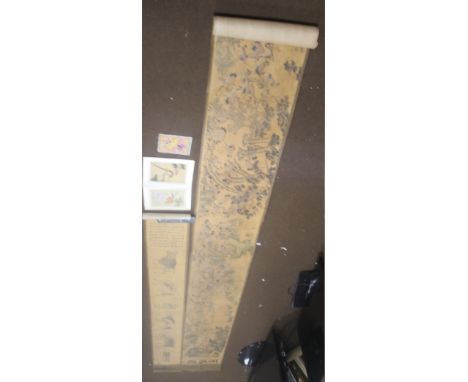 TWO CHINESE SCROLL PICTURES, ONE DEPICTING WATER BUFFALO, THE OTHER A LANDSCAPE WITH STORKS, ALONG WITH TWO PAINTINGS ON SILK