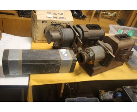 TWO MAGIC LANTERN SLIDE PROJECTORS A/F TOGETHER WITH A QUANTITY OF SLIDES INCLUDING SHIPS