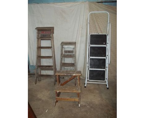STEEL STEP LADDERS, TWO SETS OF WOODEN STEP LADDERS AND WOODEN WORK STEPS  (4)
