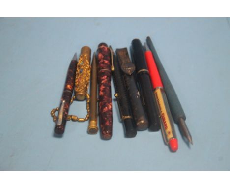 A COLLECTION OF VINTAGE FOUNTAIN PENS, A PENCIL ETC.