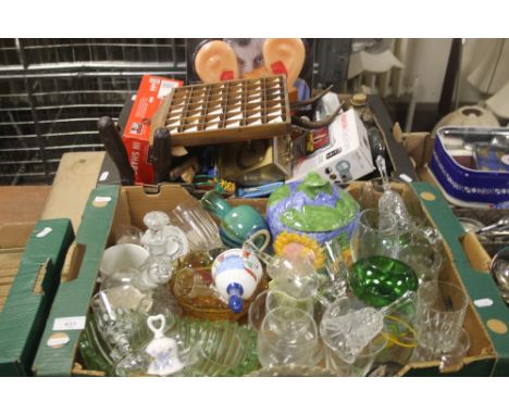 TWO TRAYS OF CERAMICS AND GLASSWARE TO INCLUDE THIMBLES, CLOCK, KODAK CAMERA, BUFFET SET ETC. (TRAYS NOT INCLUDED)