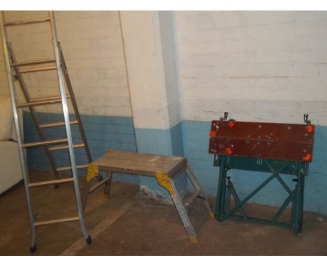 AN ALUMINIUM STEP LADDER, A BLACK &amp; DECKER WORKMATE AND A FOLD UP ALUMINIUM WORK STEP  (3)