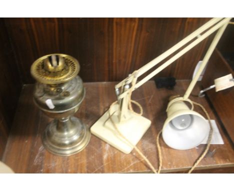 AN ANGLE POISED LAMP A/F TOGETHER WITH A PARAFFIN LAMP (NO SHADE)