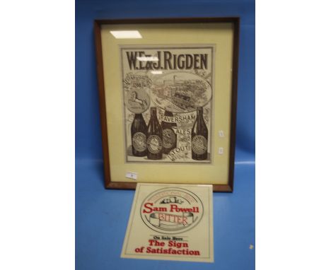 TWO VINTAGE BEER ADVERTISING SIGNS FOR "RIGDEN ALE &amp; STOUT" AND "SAM POWELL BITTER" , LARGEST 55 X 43 CM (2)