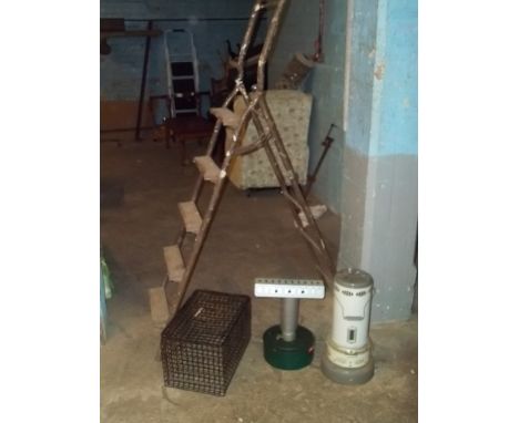AN ANIMAL LIVE CATCH TRAP, METAL STEP LADDER, TWO PARAFFIN HEATERS (4)