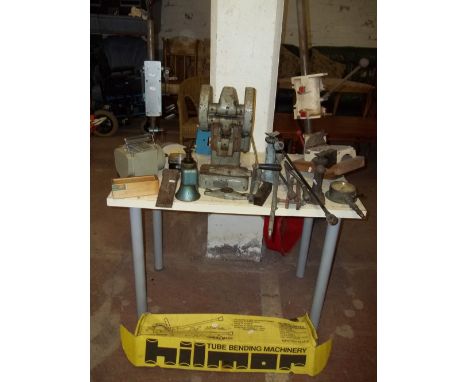 A QUANTITY OF TOOLS TO INCLUDE JACKS, A PRESS, DRILL STANDS AND A BOXED PIPE BENDER
