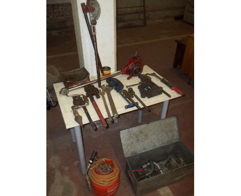 A QUANTITY OF PIPE WORKING TOOLS, PIPEBENDERS AND PROPANE TORCH WITH GAS BOTTLE