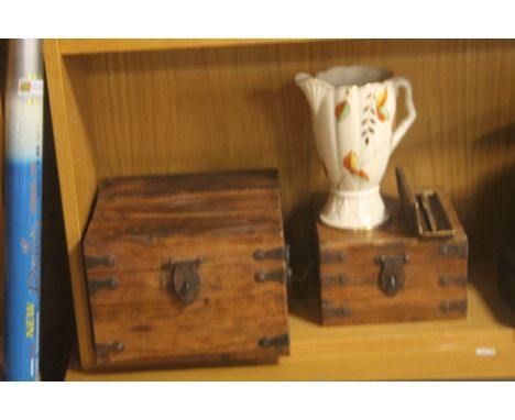 TWO VINTAGE WOODEN BOXES, TOGETHER WITH AN ARTHUR WOODS JUG AND A PEN
