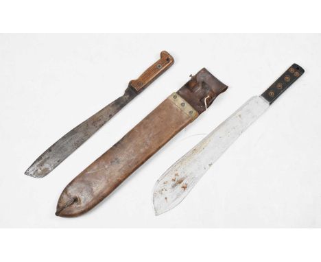 Broad bladed machete with 'WD' mark, in its scabbard with WD arrow 1940, together with another machete marked 'KE 18731 WD', 