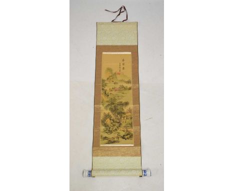 Chinese silk scroll, depicting a wooden bridge and thatched dwellings before mountain scenery, inscribed and stamped upper ri