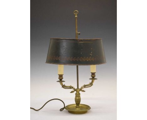 French two-light brass bouillotte lamp with adjustable painted toleware shade with laurel wreath finial, swan neck branches a