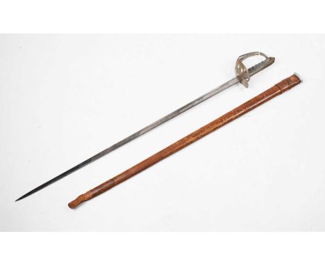 British 1827 pattern rifle brigade officer's sword, steel Gothic hilt with strung bugle, fish-skin covered grip, wire missing