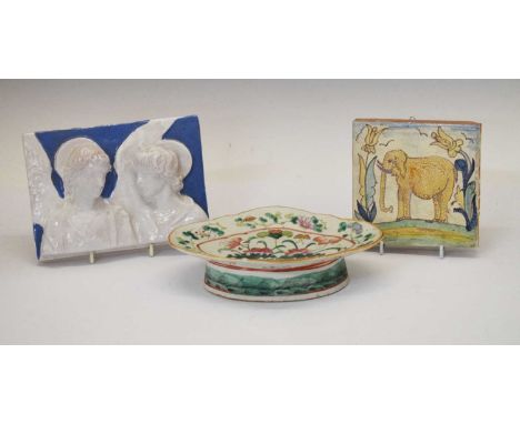 Collection of ceramics, to include Della Robbia style terracotta glazed plaque, moulded in relief, 14cm x 20cm, German porcel