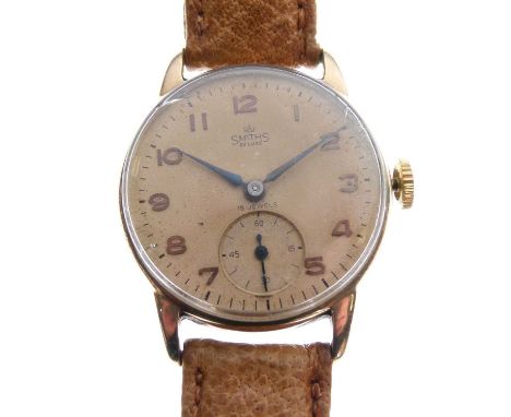 Smiths Deluxe - Gentleman's 9ct gold wristwatch, champagne dial with coppered Arabic numerals, blued steel hands and subsidia