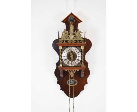 Reproduction Dutch-style wall clock or Zaanse klok, with two pear drop weights and pendulum, striking on a bell, 60cm high (c