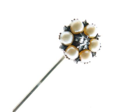 Rose cut diamond and pearl cluster stickpin, unmarked white metal mount, 1.8g gross approx