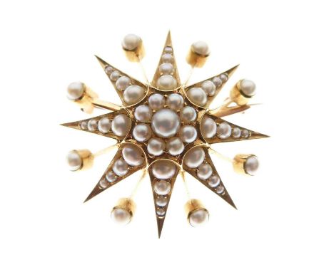 Seed pearl starburst brooch, unmarked, with detachable fittings to convert to a pendant, 33mm diameter, 12.3g gross approx