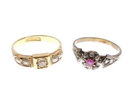 Ruby and old-cut diamond cluster ring, stamped '18ct', size N approx, together with an old-cut diamond and seed pearl ring, s