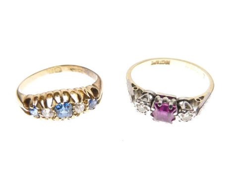 Two 18ct gold gem set rings, one a five-stone sapphire and diamond half-eternity ring, size H½ approx, and a ruby and diamond