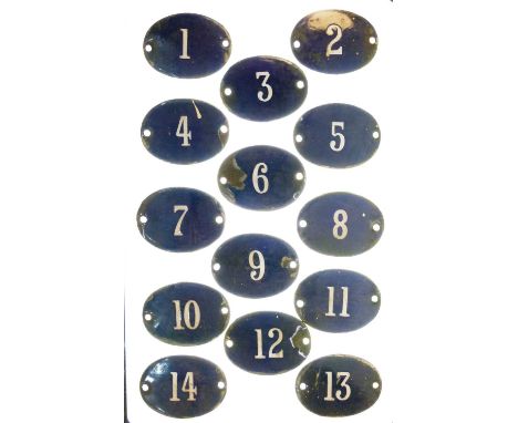 Fourteen (1-14) blue enamel door/ locker numbers, 5.5cm wide x 8cm high (14) 