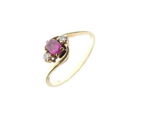 18ct gold, ruby and diamond three-stone ring, size M approx, 2.3g gross approx