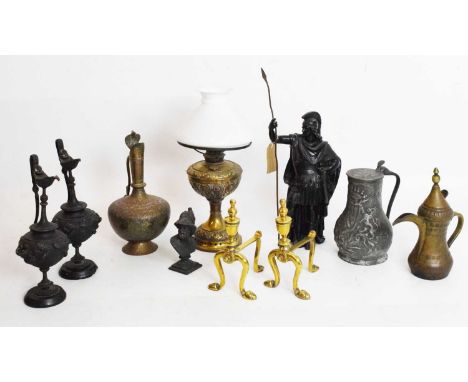 Collection of assorted 19th Century and later metalware, to include; brass oil lamp with opaque glass shade, pair of Renaissa