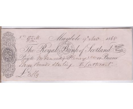 Cheques 1868 The Royal Bank of Scotland - Mayhole Branch, used bearer, black on pink.  Printer W & K Johnston.