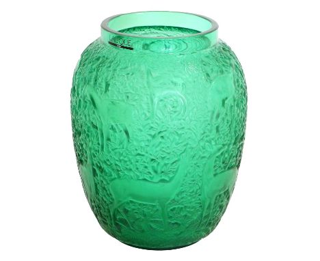 A Lalique Biches Emerald Green Glass Vase, modern, model No.12330, signed Lalique (R) France and labelled 1233017cm high, box