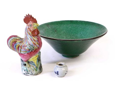 A Chinese Porcelain Model of a Cockerel, 19th century, painted in famille rose enamels 20cm high A Similar Ge Ware Bowl, of c