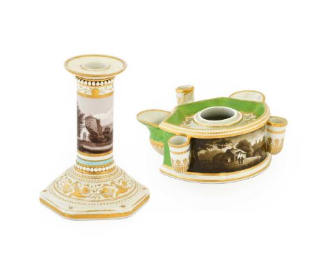 A Flight &amp; Barr Worcester Porcelain Inkstand, circa 1800, of demi-lune form with five receptacles, the scroll handle with