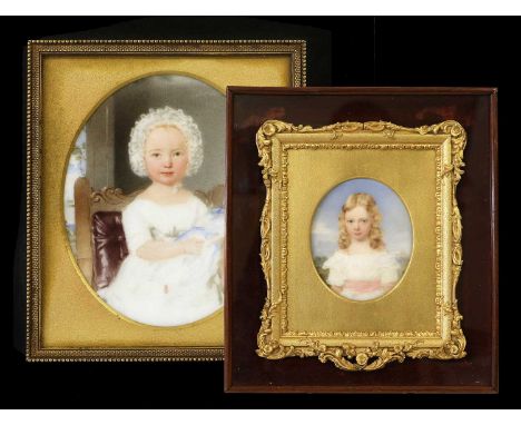 Thomas Heathfield Carrick (1802-1874): Minature Portait of Emily Hudson, half length, with blonde ringlets and white dress wi