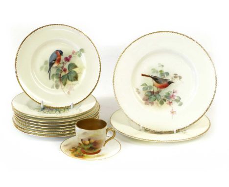 A Royal Worcester Porcelain Demitasse Cup and Saucer, 1911, by Ernest Barker, painted with sheep in moreland landscapes, prin