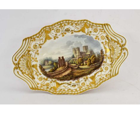 A Spode Porcelain Comport, circa 1810, of traditional form with shell and scroll handles, painted with York Minster withing g