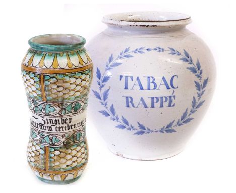 A Continental Tin Glazed Earthenware Jar, in 18th century style, of ovoid form and painted in blue with a foliate wreath and 