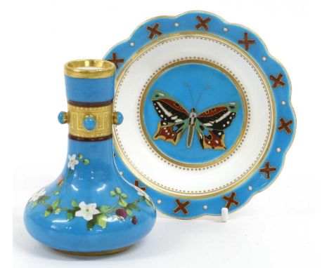 An Aesthetic Movement Minton Porcelain Footed Dish, 1870, designed by Dr. Christopher Dresser, lobed and on moulded ball and 