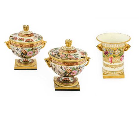 A Pair of Barr, Flight &amp; Barr Worcester Porcelain Sauce Tureens and Covers, 1804-1813, of urn form with flamiform finials