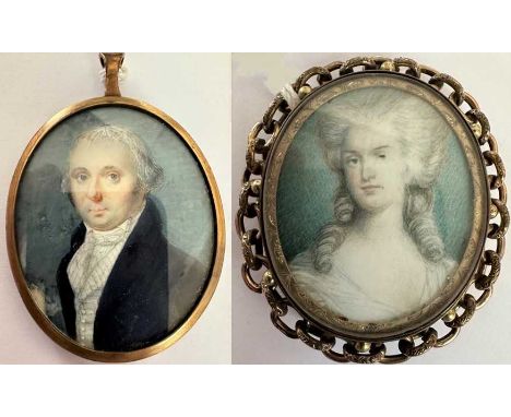 Augustin: Miniature Bust Portrait of a Gentleman, wearing a white stock and waistcoat and dark blue jacket, signed Augustin F