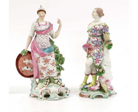 A Derby Porcelain Figure of Minerva, circa 1770, wearing a helmet and cuirass, holding a shield and on a Rococo moulded base,