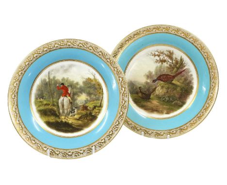 A Pair of Kerr and Binns Worcester Porcelain Plates, circa 1875, painted by Robert F. Perling one with a hunting scene and th