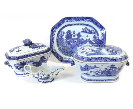 A Chinese Porcelain Tureen and Cover, 18th century, of rectangular canted form, with scroll moulded knop and rabbit mask hand