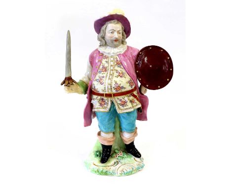 A Large Derby Figure of James Quinn as Sir John Falstaff, circa 1780, wearing a puce coloured overcoat and his waistcoat grou