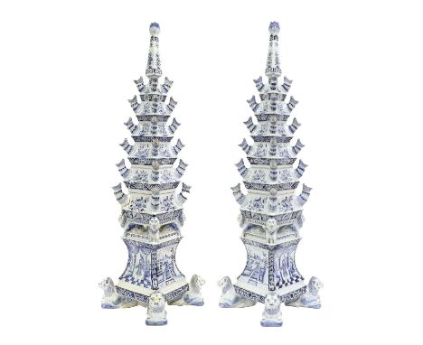 A Pair of Tulipiere, in 17th century Dutch Delft Style, Christian Dior, each spire mounted with tenty five flutes and support