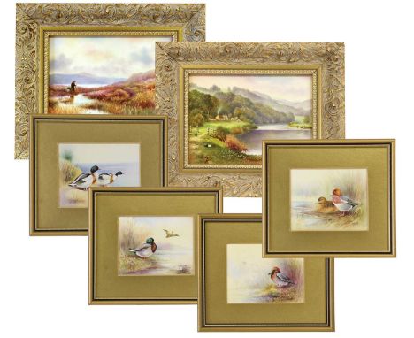 A Pair of Porcelain Plaques Painted by Peter Platt (Royal Worcester Artist), 20th century, one depicts cottages in a river la